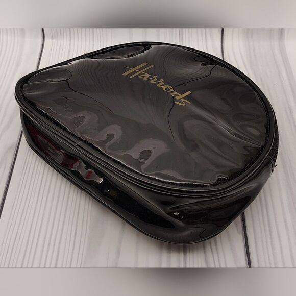 Harrods Glossy Black Patent Makeup Cosmetic Bag Case Gold Logo - Picture 5 of 14